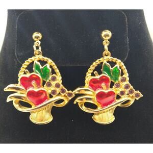 Vintage AVON Harvest Basket Earrings – Enamel Apples Grapes Gold Tone Dangle